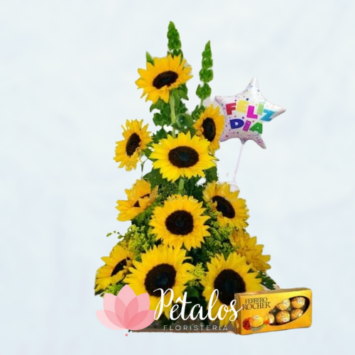 Arreglo con 11 Girasoles + chocolates + globo