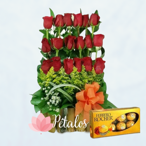 Arreglo Floral con 18 Rosas Rojas + chocolates
