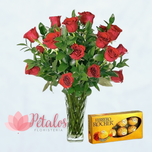 Jarrón con 18 Rosas + Caja de Chocolates