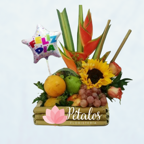 Arreglo Floral con Frutas, Rosas Rosadas y girasol
