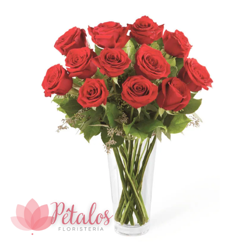 Jarrón con 12 Rosas Rojas