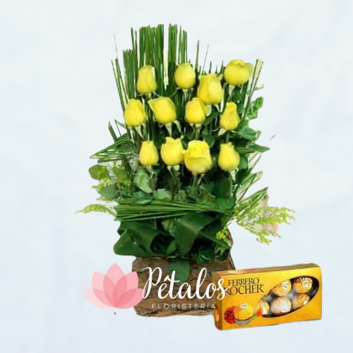 Arreglo Floral con 12 Rosas Amarillas + chocolates
